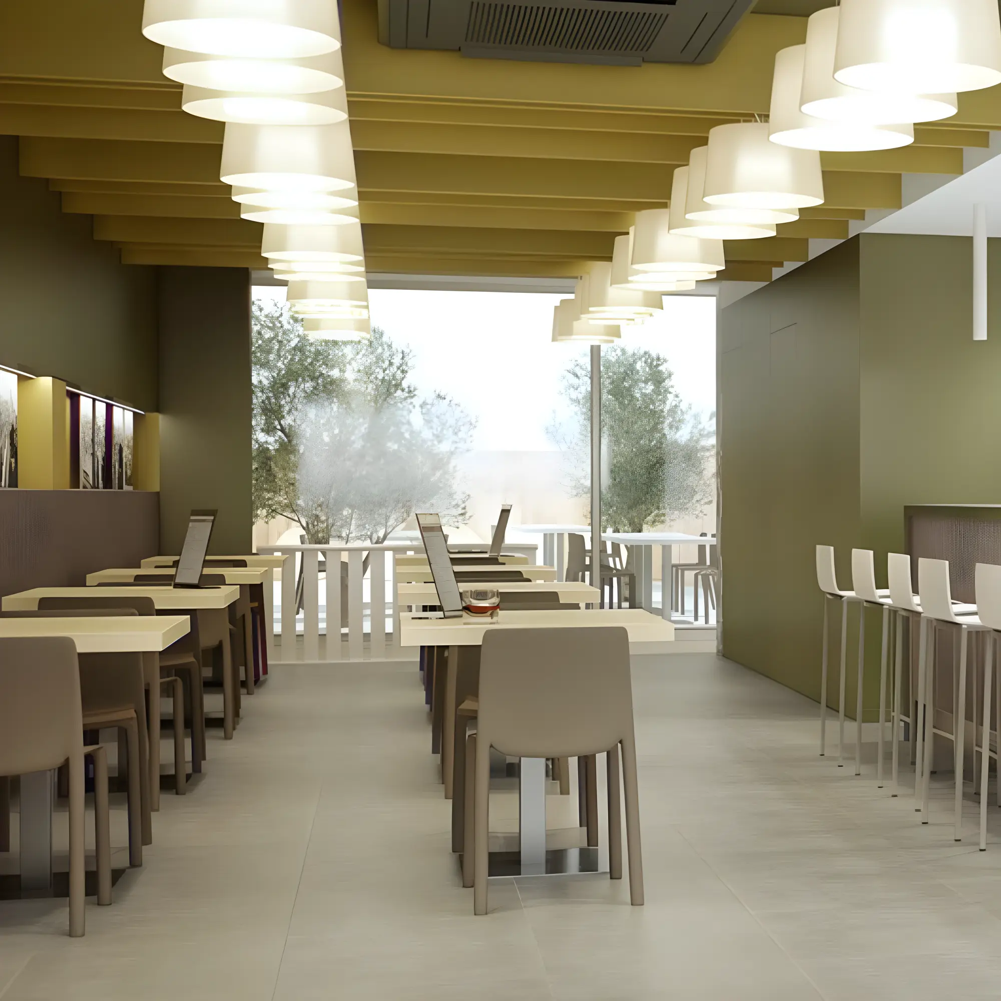 Moderno comedor de restaurante con iluminación cálida